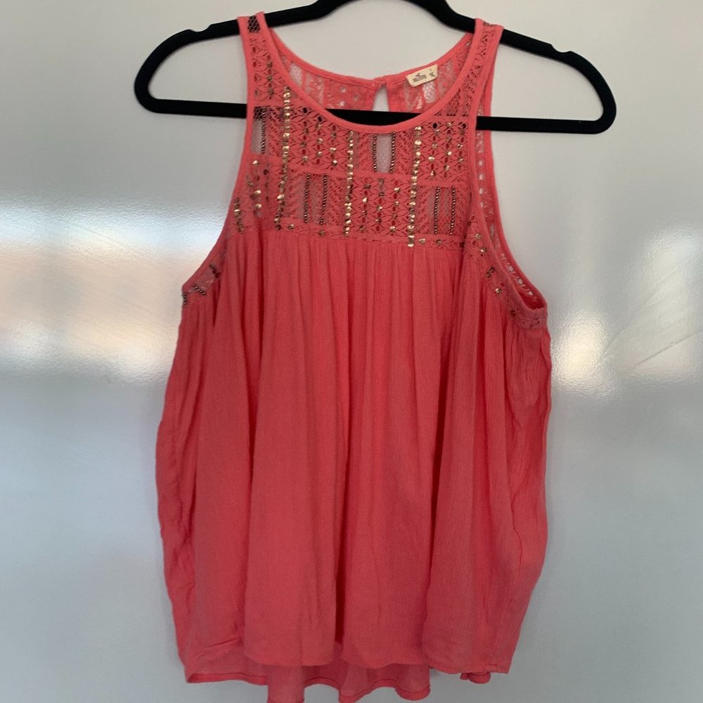 Pink Tank Top with Lace Beaded and Sequin Neckline